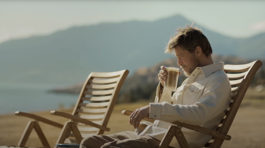 A screenshot of Brat Pitt at the De'Longhi coffee machine advertisement.