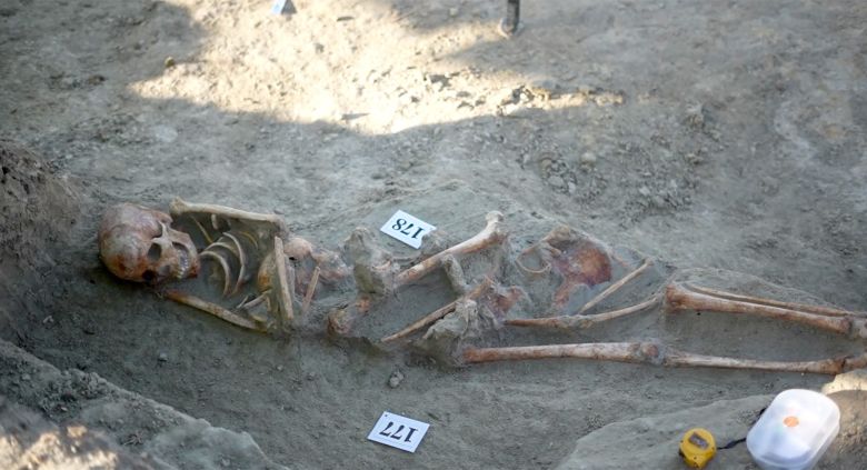 Two human skeletons uncovered at the Chemmani gravesite in Jaffna, northern Sri Lanka on August 29, 2025.