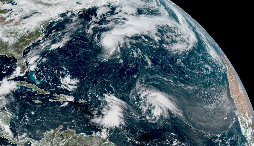 Hurricane Gabrielle churns east of Bermuda while two areas of disorganized storminess lurk east of the Caribbean Tuesday afternoon.