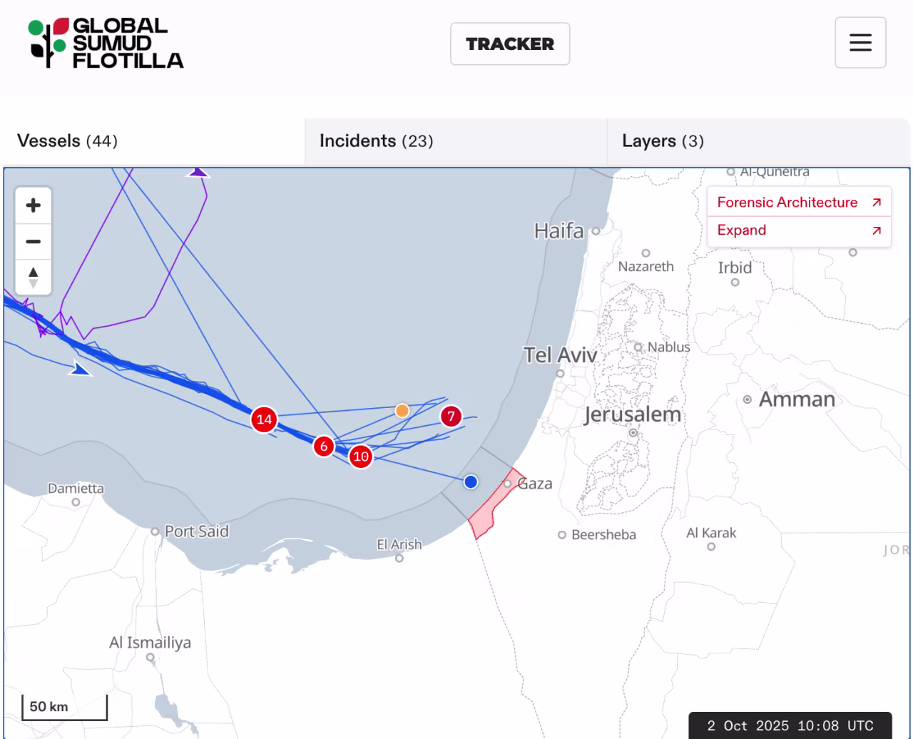 A screengrab of the GSF's tracker, which shows the Mikeno vessel close to Gaza's coast. The red circles indicate intercepted vessels and the yellow indicates vessels that are assumed intercepted. CNN is unable to independently verify this information.