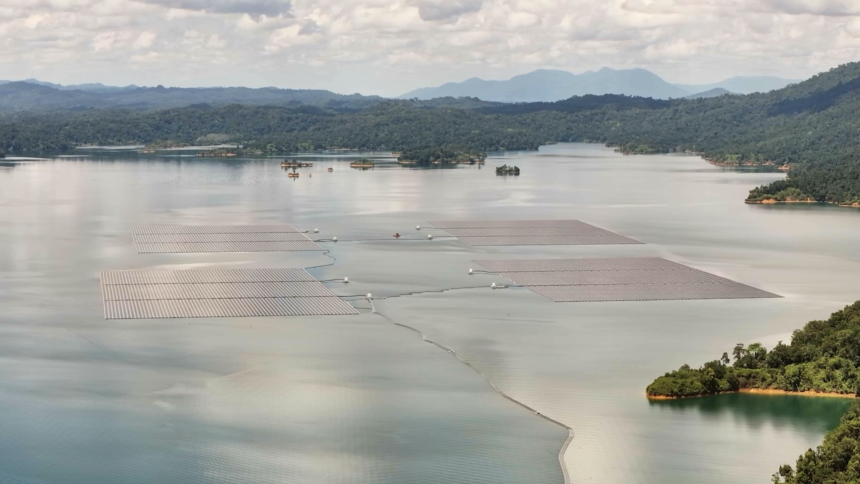 Drone shot of batang ai floating solar panel farm