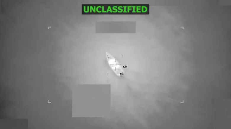 This screengrab taken from a video posted by Defense Secretary Pete Hegseth on Friday, October 24, 2025, shows a boat in the Caribbean Sea shortly before it is hit by a strike. Hegseth said the boat was involved in “illicit narcotics smuggling” and that six people were killed in the strike