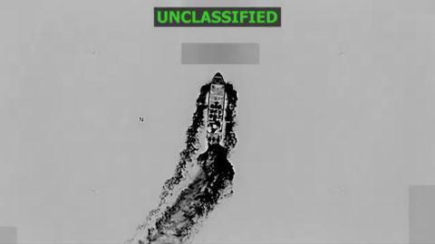 This screengrab of a video shared by Defense Secretary Pete Hegseth shows a boat shortly before it is hit by a strike on October 17, 2025. In his post, Hegseth said three people were killed in the strike.