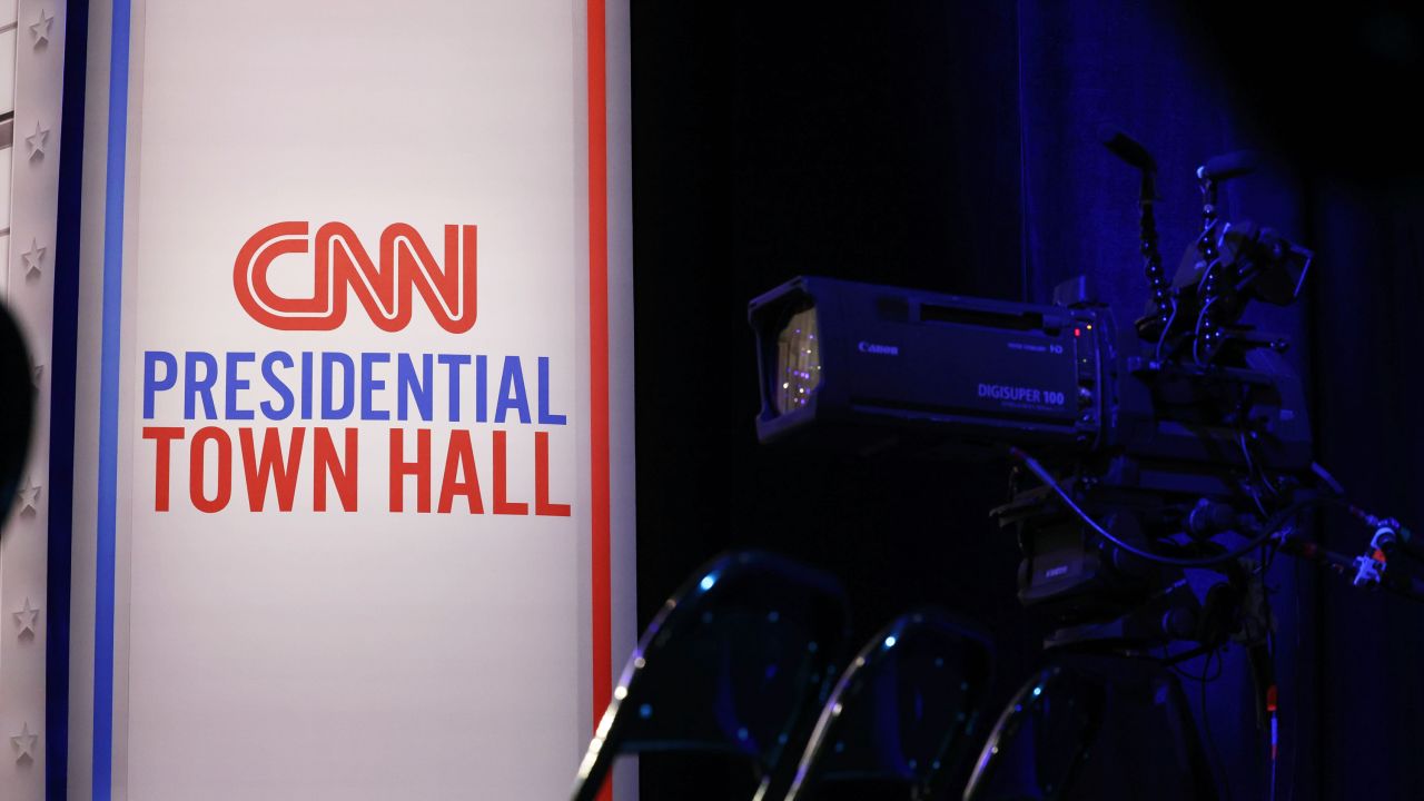 A CNN presidential town hall sign is seen in Aston, Pennsylvania, on October 23.
