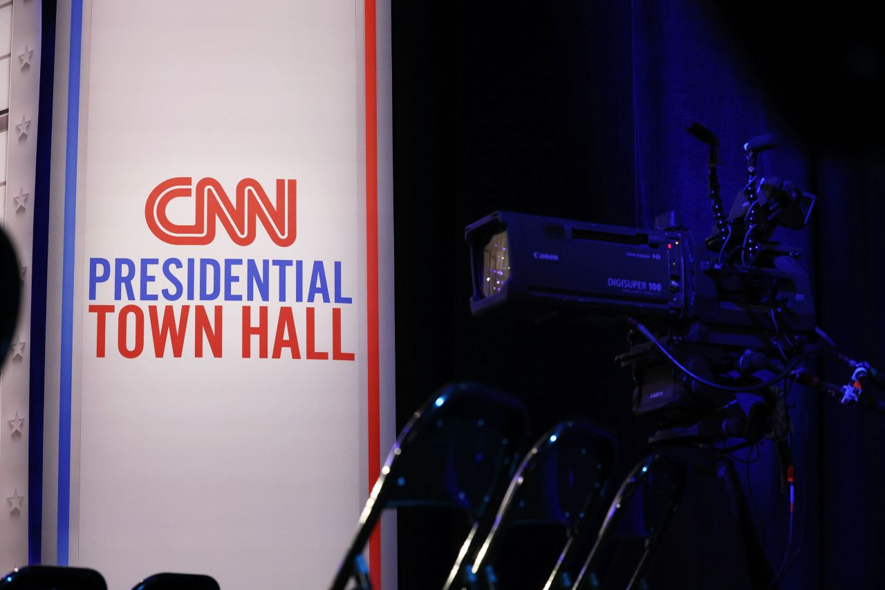 A CNN presidential town hall sign is seen in Aston, Pennsylvania, on October 23.