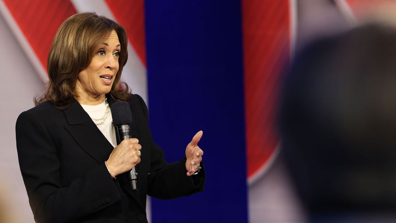 Vice President Kamala Harris participates in a CNN Presidential Town Hall moderated by CNN’s Anderson Cooper in Delaware County, Pennsylvania, on Wednesday, October 23, 2024. (Rebecca Wright/CNN)