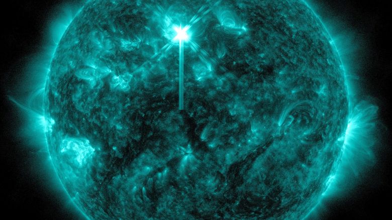 NASA’s Solar Dynamics Observatory captured this image of a solar flare — as seen in the bright flash toward the upper middle area of the Sun — on May 2, 2024. The image shows a subset of extreme ultraviolet light that highlights the extremely hot material in flares and which is colorized in teal. 