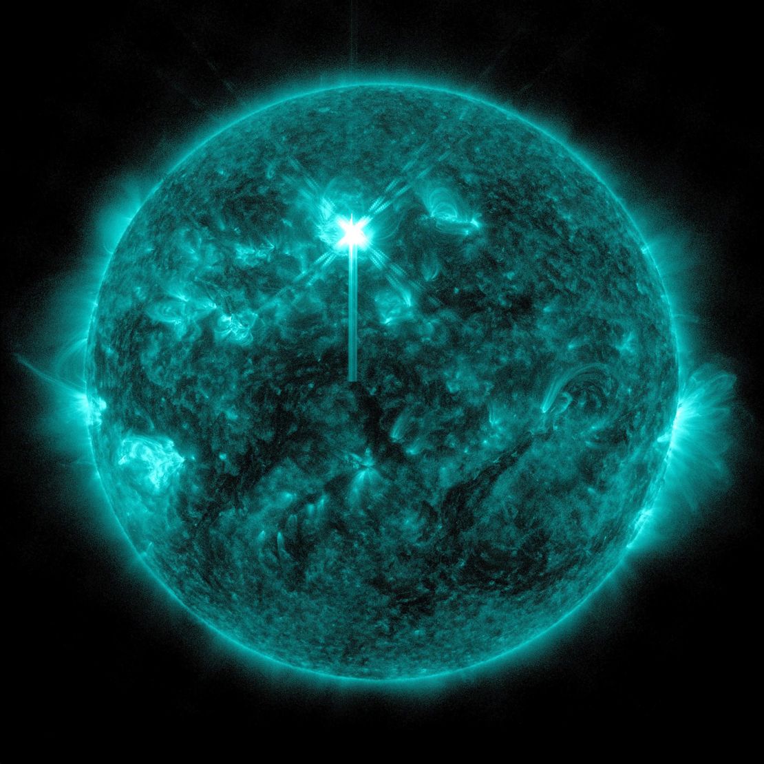 NASA’s Solar Dynamics Observatory captured this image of a solar flare in extreme ultraviolet light on May 2. The flare is the bright flash toward the upper middle area of the sun.