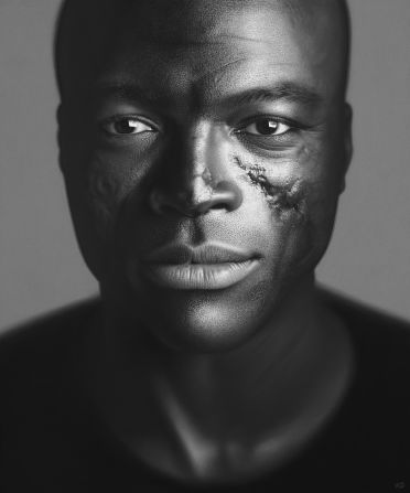 Each piece is created with pencil and charcoal and accompanied by the model's personal story and an explanation of their condition. Pictured here, Grammy-winning musician Seal has scarring from discoid lupus erythematosus.