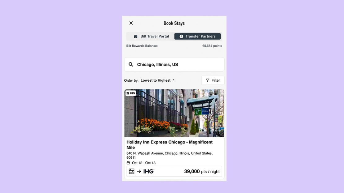 A screenshot of searching for hotel award nights in Chicago, Illinois in the Bilt Rewards app