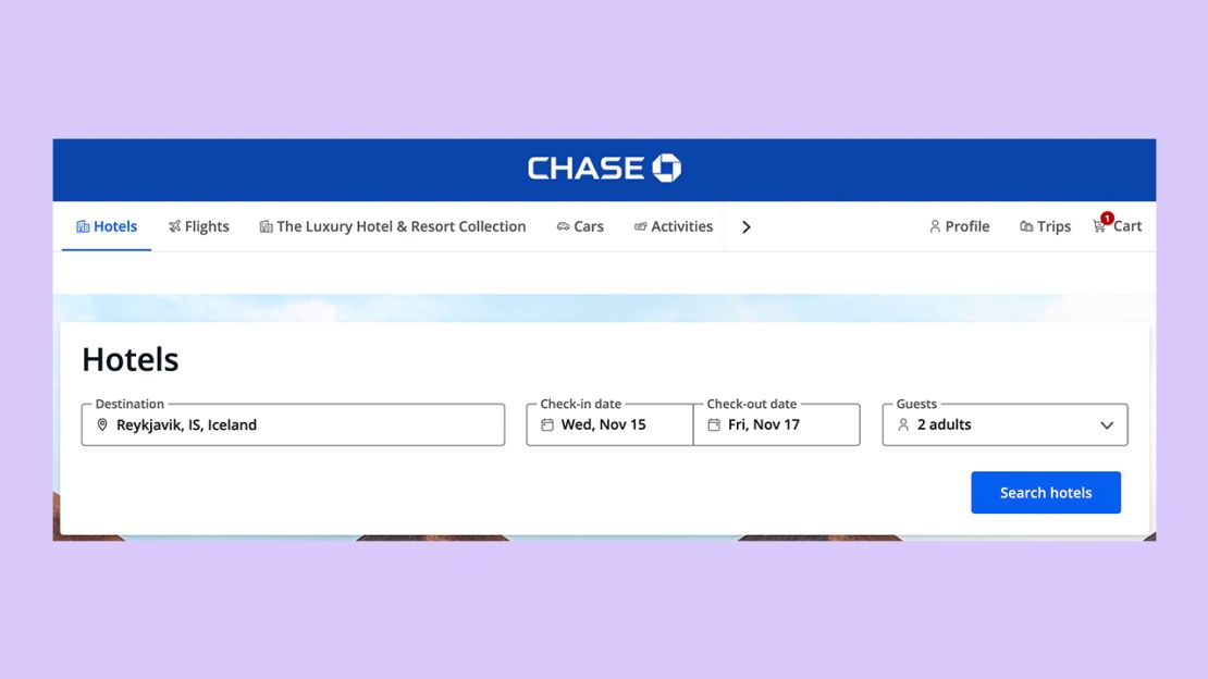 A screenshot showing the hotel search screen on the Chase travel portal