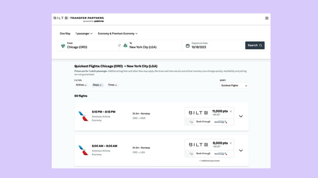 A screenshot showing flight search results within the Bilt Rewards Point.me portal
