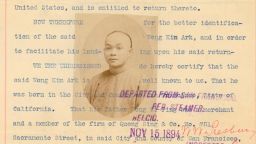 This paper certified that Wong Kim Ark was able to follow through with his plan to leave the United States and return. Three men signed this letter attesting to his identity. Included with the attestation is a signature of the witness, who is the notary Robert M. Edwards, and a photograph of Wong Kim Ark.