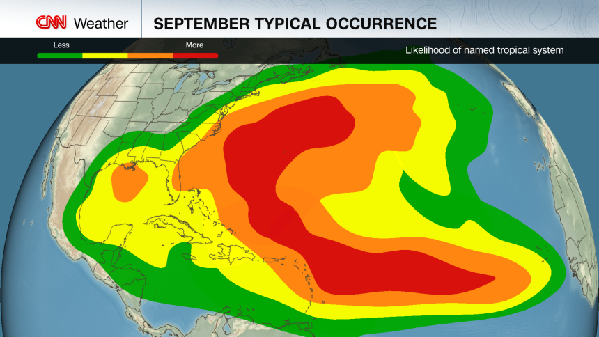 September is when the largest amount of the Atlantic is ripe for tropical development, according to data provided by the National Hurricane Center.