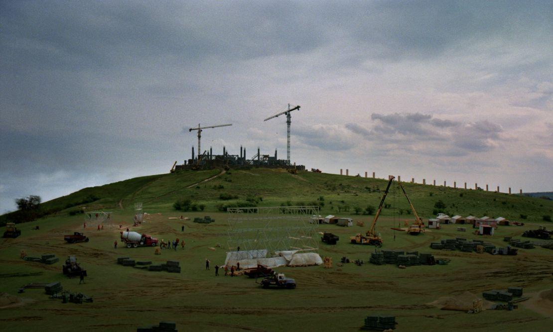 The institute as a building site in "The Brutalist." Production designer Judy Becker created an in-camera miniature inserted into scenes shot on location in Hungary.