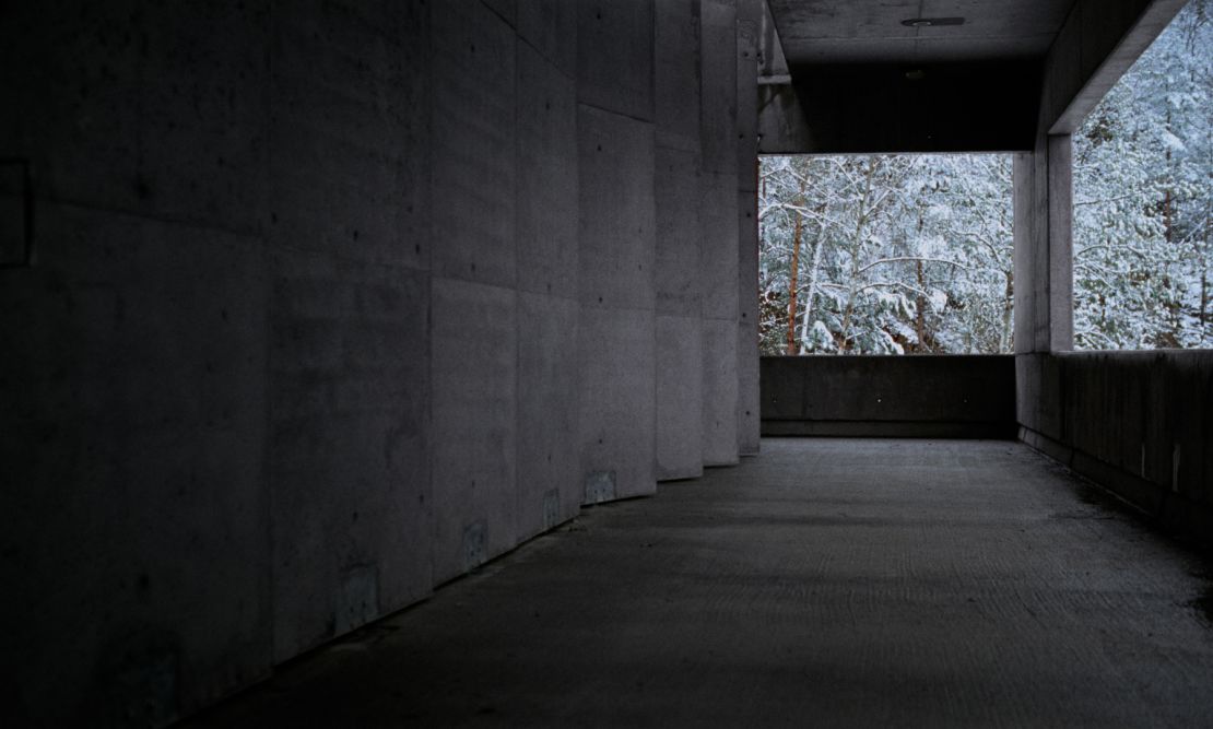 A section of Tóth's institute. For the film, Becker utilized multiple real brutalist buildings in and around Budapest to stand in for his creation.