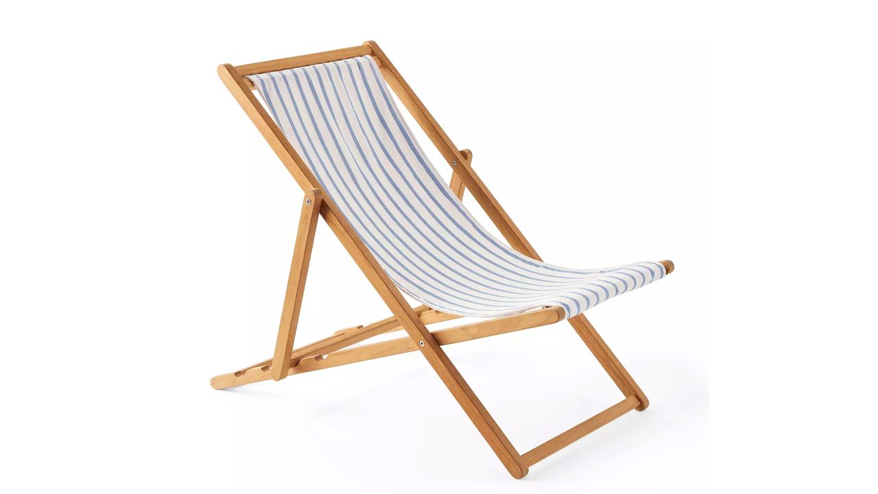 Serena & Lily Teak Sling chair in Sunbrella Lido Stripe Coastal Blue