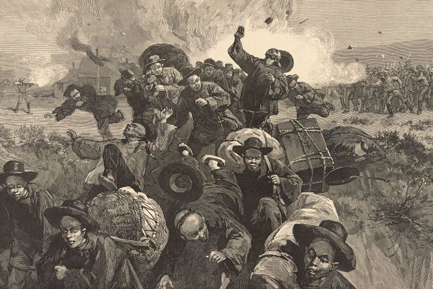 This drawing shows the massacre of Chinese immigrants by white coal miners in Rock Springs, Wyoming, in 1885.