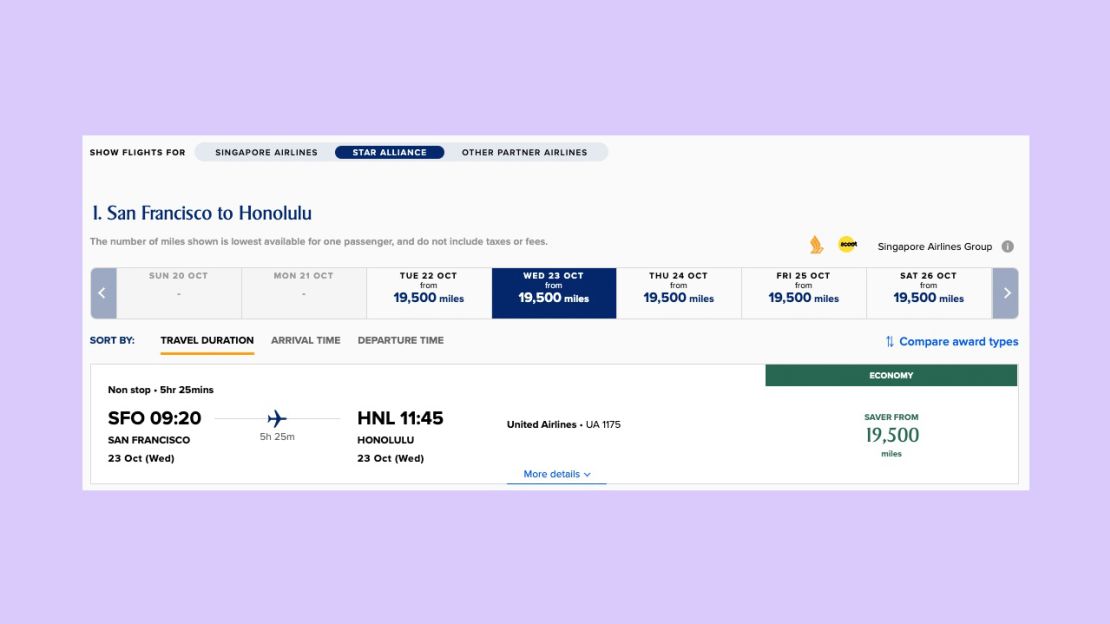 A screenshot of a Singapore Airlines award itinerary from San Francisco to Honolulu operated by United