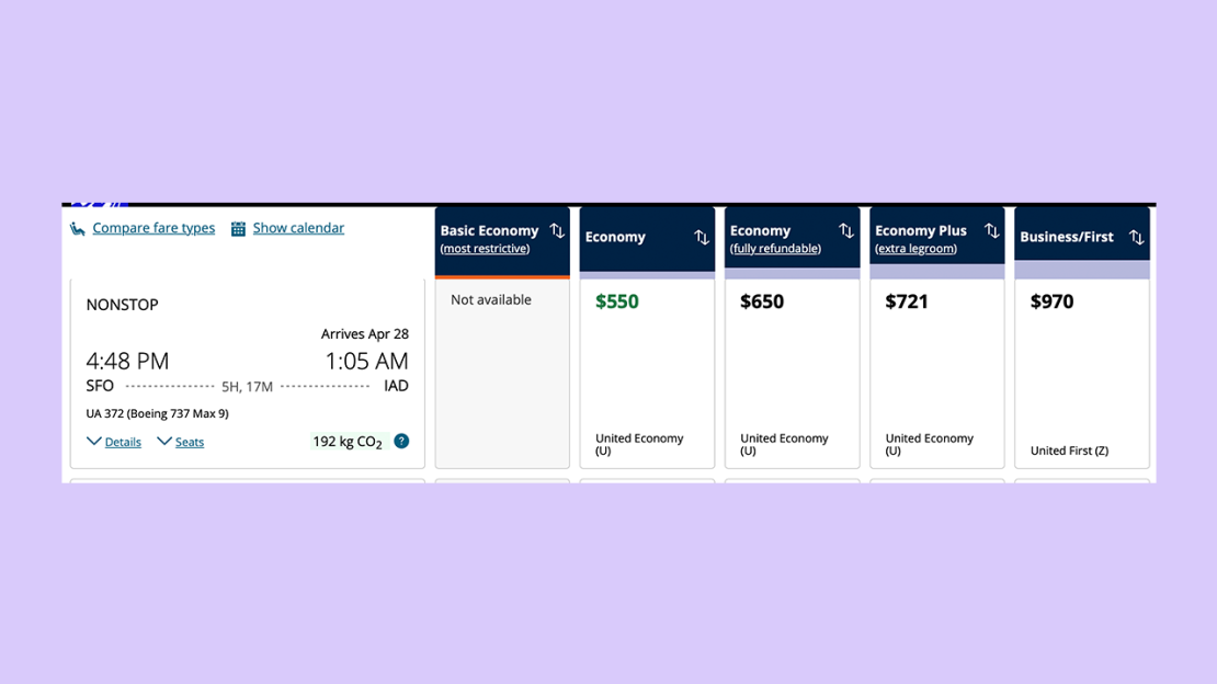 SFO to IAD on cash