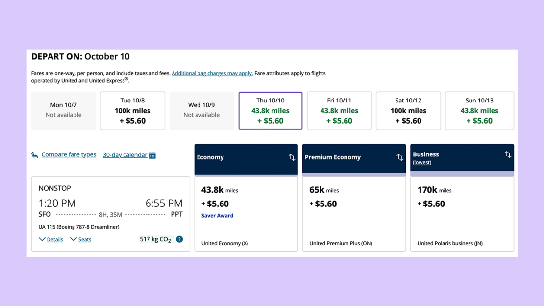 SFO to PPT on United miles