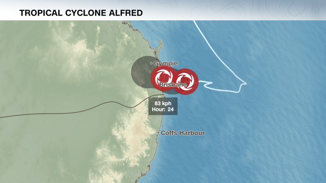 Tropical Cyclone Alfred's track as of early Friday morning, local time.