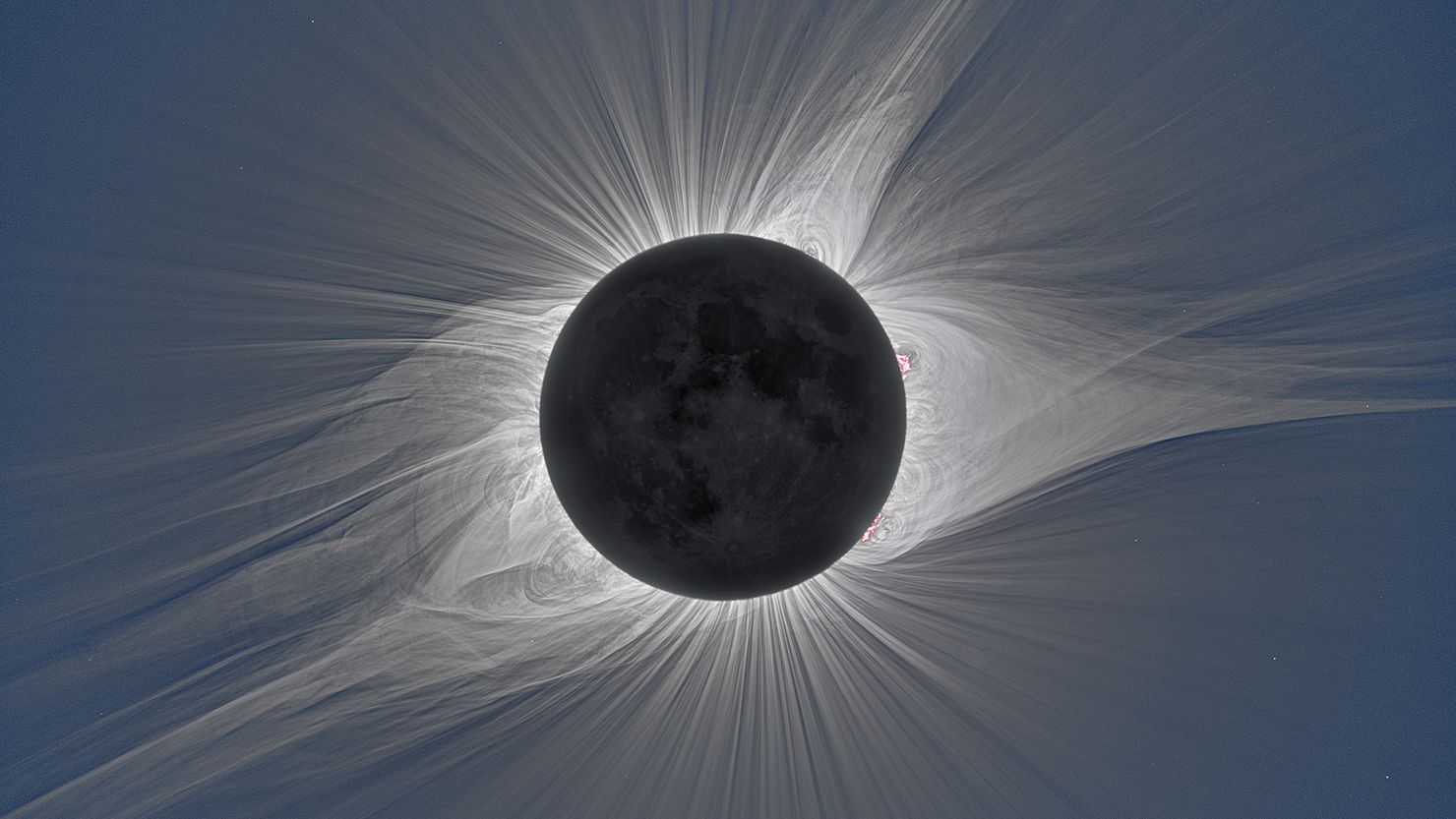 The solar corona glows in visible white light during the total solar eclipse over Mitchell, Oregon, on August 21, 2017, from an image taken during an experiment.