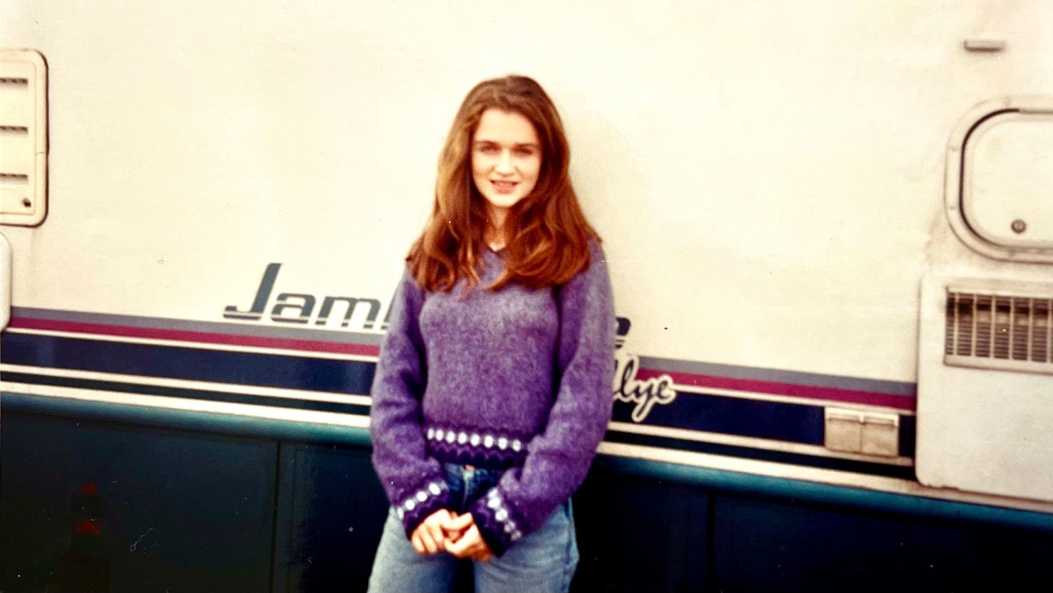 Carrie Sheffield, approximately age 16, during homeschool studies sophomore high school year, standing outside her family's Fleetwood Jamboree RV temporarily parked in a Columbia, Missouri RV park.