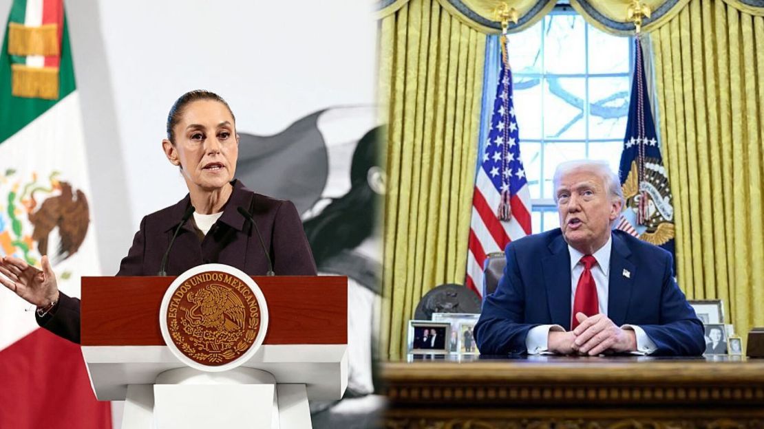La presidenta de México, Claudia Sheinbaum, en conferencia de prensa el 27 de marzo de 2025; y el presidente de Estados Unidos, Donald Trump, en la Despacho Oval el 26 de marzo de 2025.