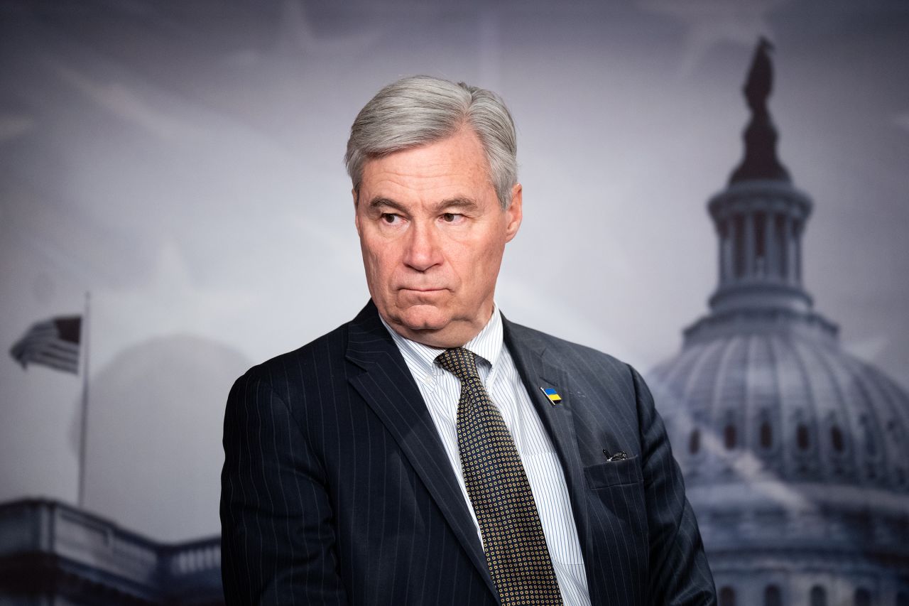 Sen. Sheldon Whitehouse participates in the news conference in the Capitol on Thursday, March 9, 2023.