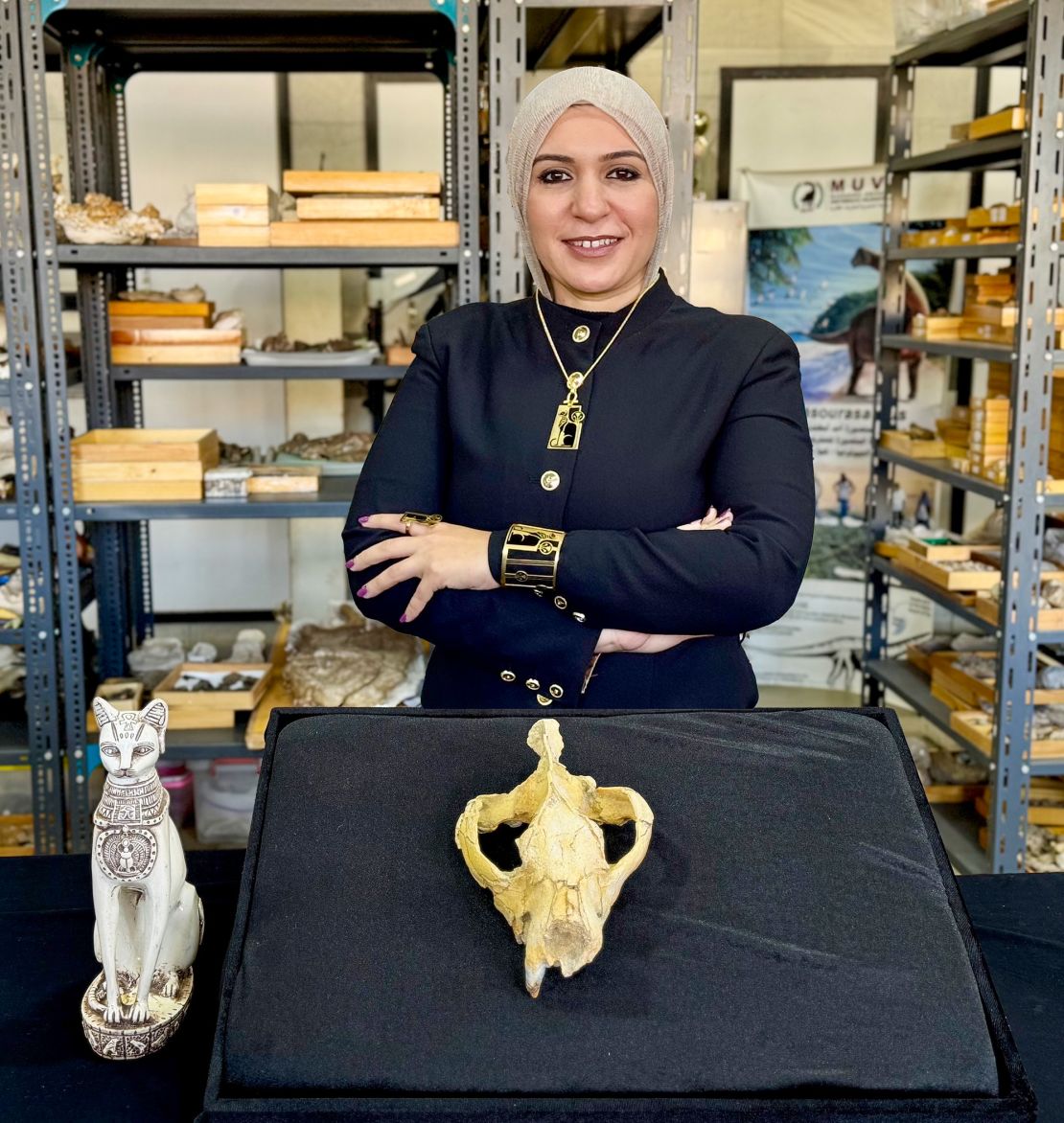 The skull, pictured here with lead study author Shorouq Al-Ashqar, belongs to a previously unidentified species that was named Bastetodon syrtos as a nod to the cat-headed ancient Egyptian goddess Bastet.