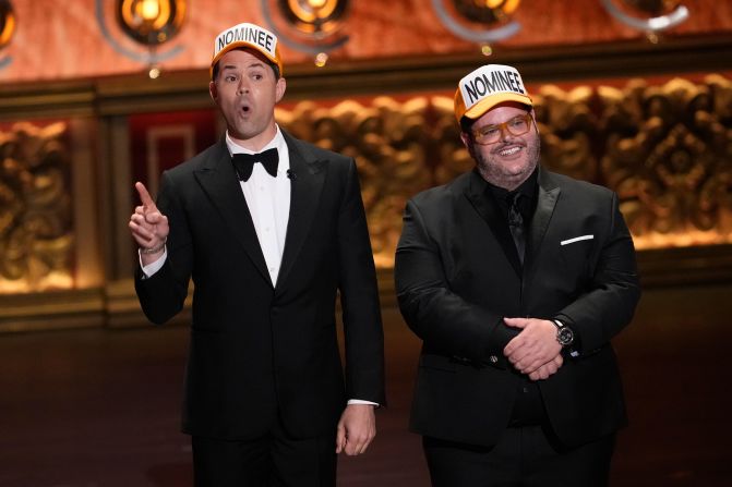 Andrew Rannells, left, and Josh Gad speak onstage during the Tony Awards in New York on Sunday, June 16.