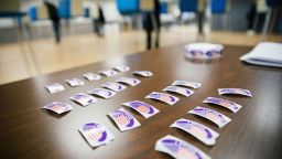 A table full of stickers for voters is seen at a polling location in Raleigh, North Carolina, on November 3, 2020.