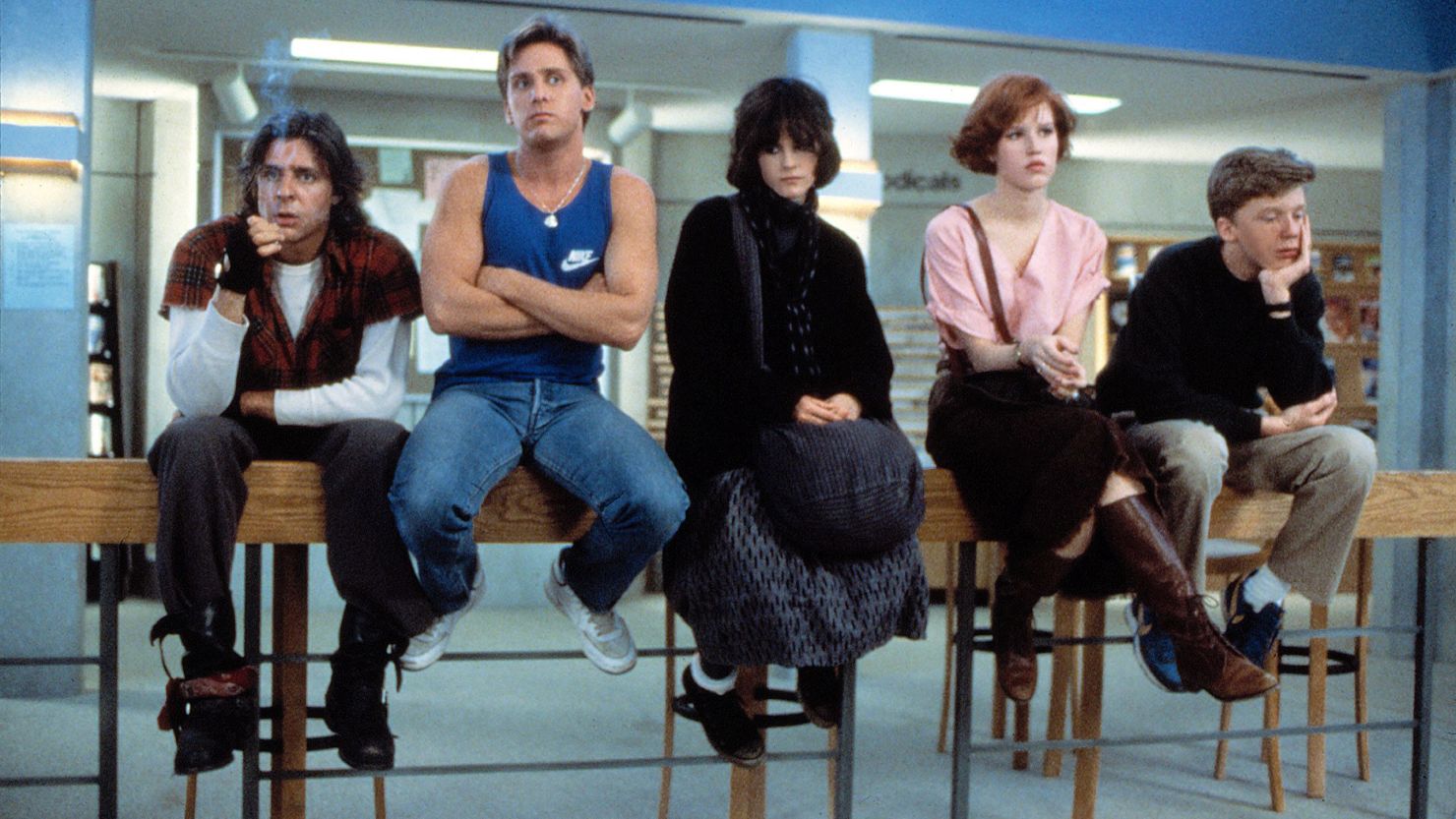 Judd Nelson, Emilio Estevez, Ally Sheedy, Molly Ringwald and Anthony Michael Hall, left to right, in "The Breakfast Club," a 1985 hit that helped cement the Brat Pack mystique.