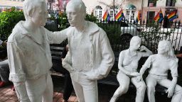 A view of the Gay Liberation statues in Stonewall National Monument in the Greenwich Village neighborhood of New York City on June 1, 2021.