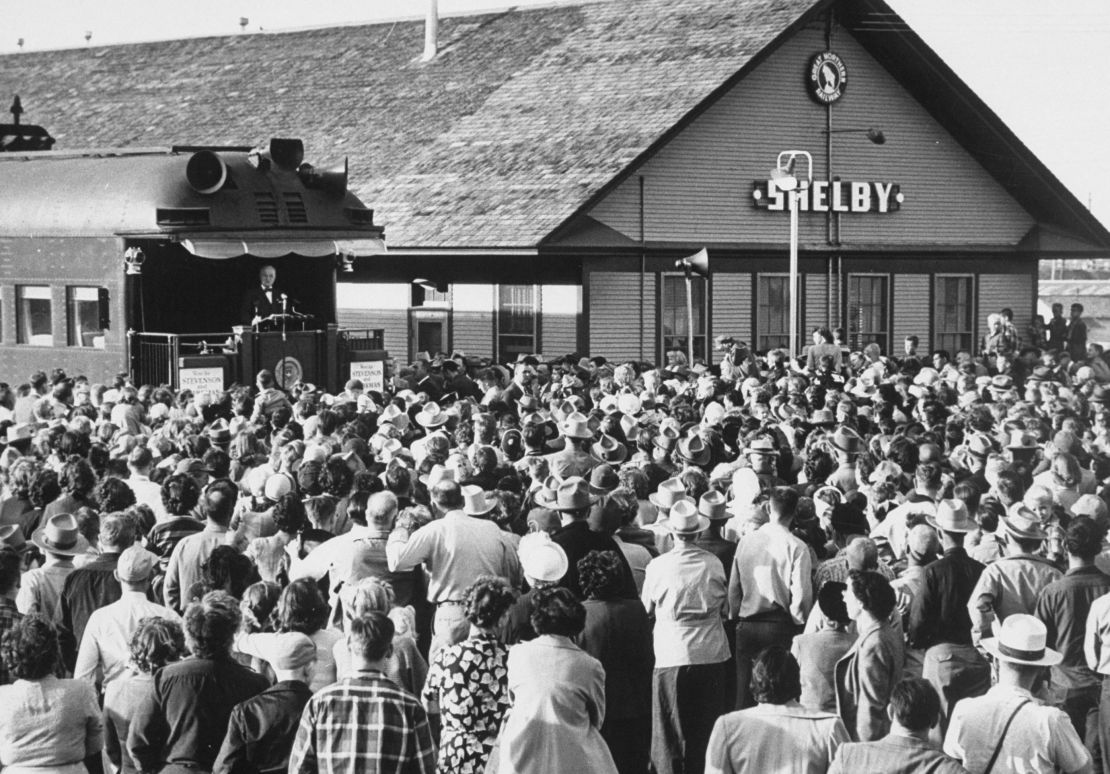 President Harry S. Truman speaking during his whistle-stop campaign in 1948.