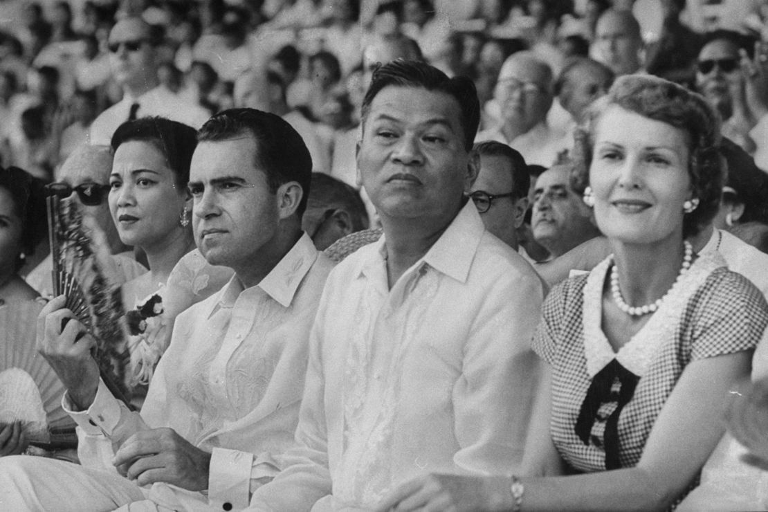 From left: First Lady of the Philippines, Luz Magsaysay; United States Vice President Richard Nixon; Philippine President Ramon Magsaysay and Second Lady of the United States, Pat Nixon, attend July 4th celebrations in Manila in 1956 — both Richard Nixon and Ramon Magsaysay wear barongs.