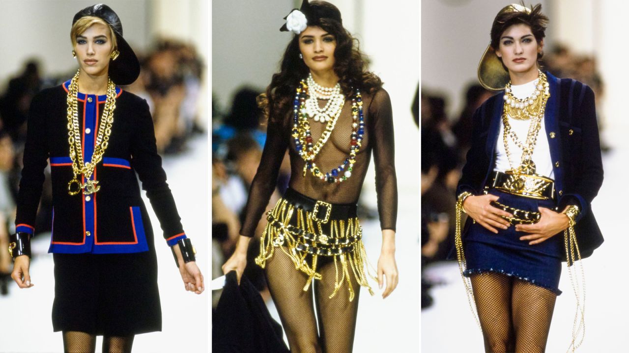 In baseball caps, and with layered chunky gold jewelry, models walk in Chanel's 1991 Fall-Winter show.