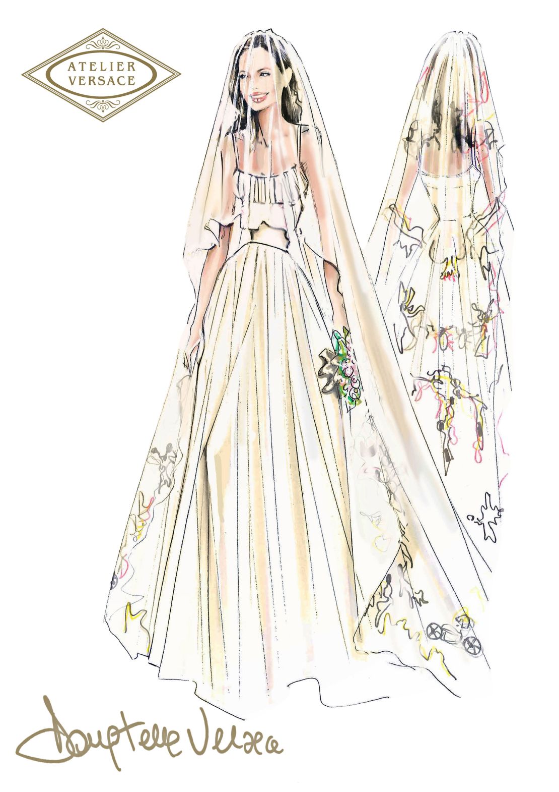 Sketch of Angelina Jolie's wedding dress by Donatella Versace, embroidered with the drawings of her children, August 2014.