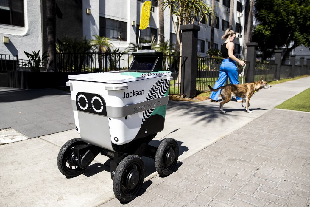 A delivery robot on the streets of Los Angeles.