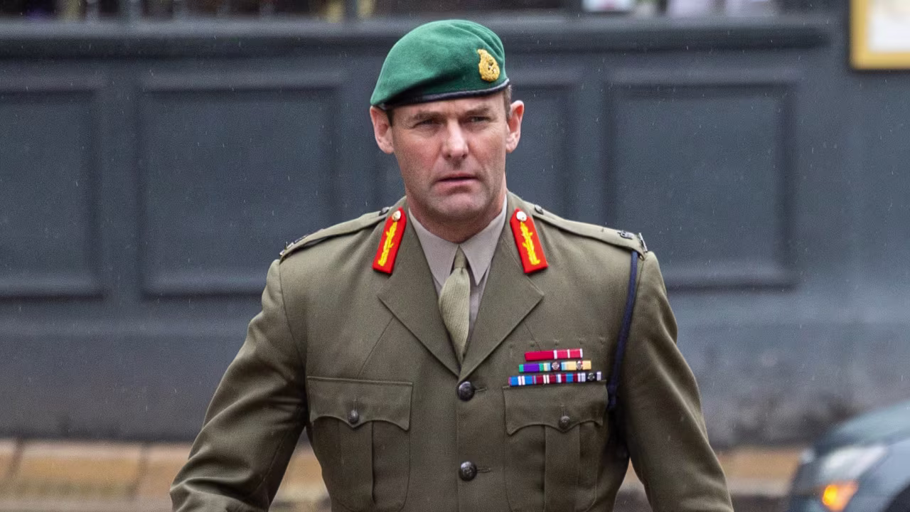 Lieutenant General Robert Andrew Magowan arrives at an inquest at Winchester Coroners Court, England, on March 31, 2023.