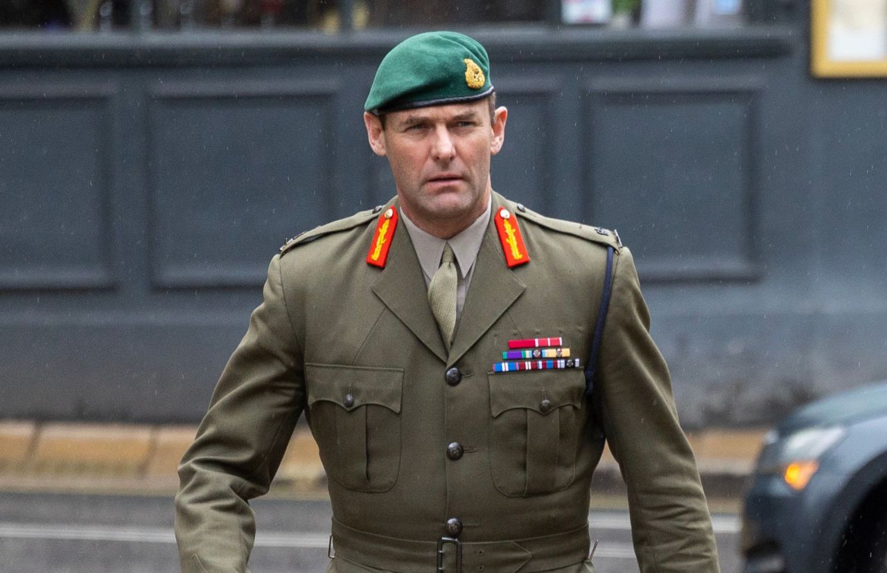 Lieutenant General Robert Andrew Magowan arrives at an inquest at Winchester Coroners Court, England, on March 31, 2023.