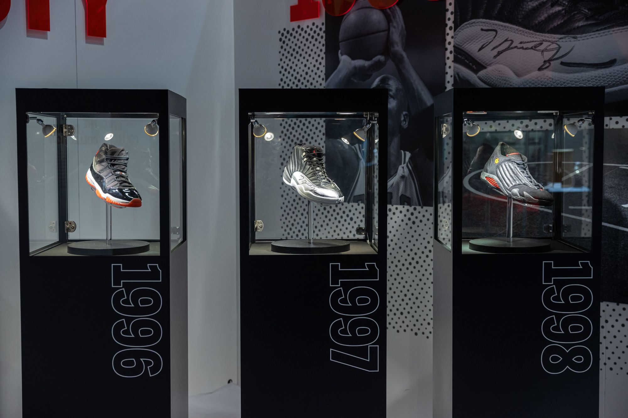 The complete set of former basketball player Michael Jordan's six "Air Jordan" championship sneakers on display during Sotheby's Spring Sales auction preview in Hong Kong, China, in April 2023.