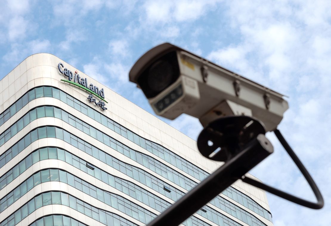 A security camera stands in front of the Shanghai building where Capvision's offices are located, on May 10, 2023.