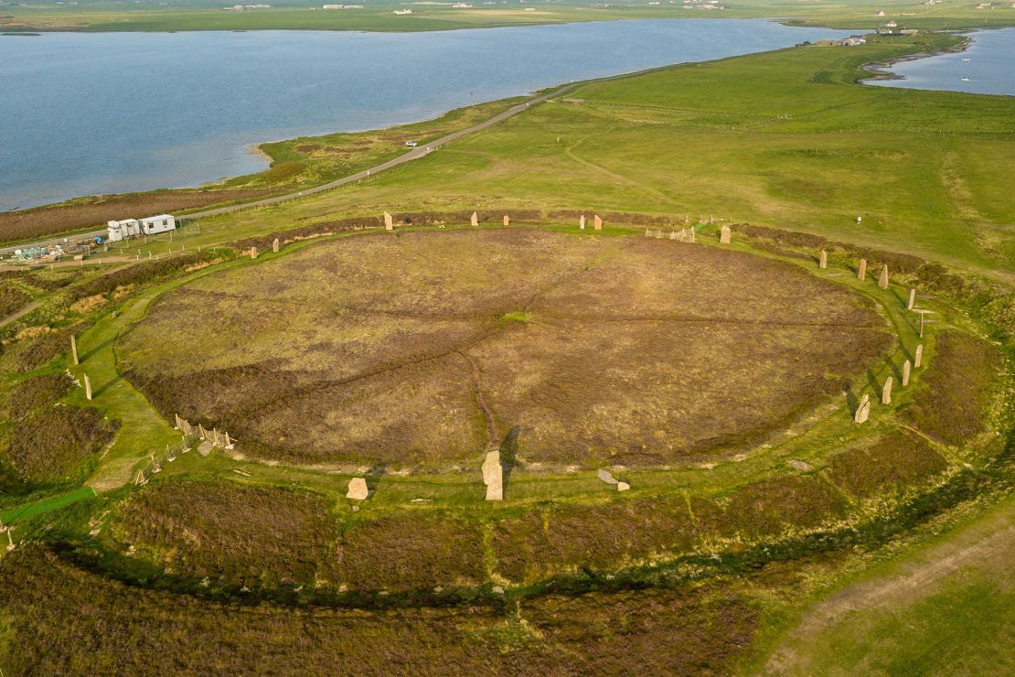 An aerial view shows the wide expanse of the Ring of Brodgar, a massive ceremonial stone circle on Mainland dating back to the third millennium BC.