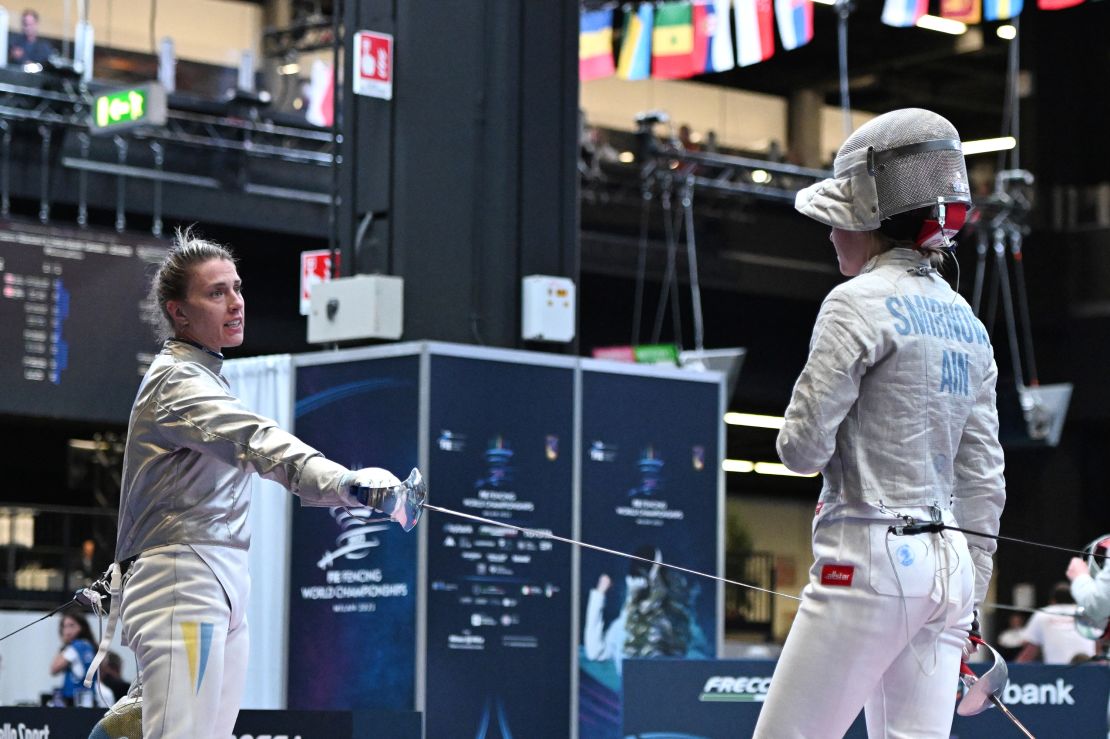 Kharlan refusing to greet Anna Smirnova of Russia, registered as an Individual Neutral Athlete (AIN), during the 2023 FIE Fencing World Championship Women's Sabre 1st round match in Milan, Italy.