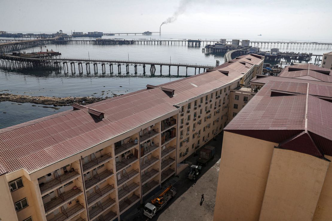 Staff dormitories at Neft Daşları on September 6, 2023. Construction of the settlement began during the Soviet era in 1949. Now the settlement has a system of paths and platforms, and more than 100 miles of streets and bridges connecting the artificial islands.