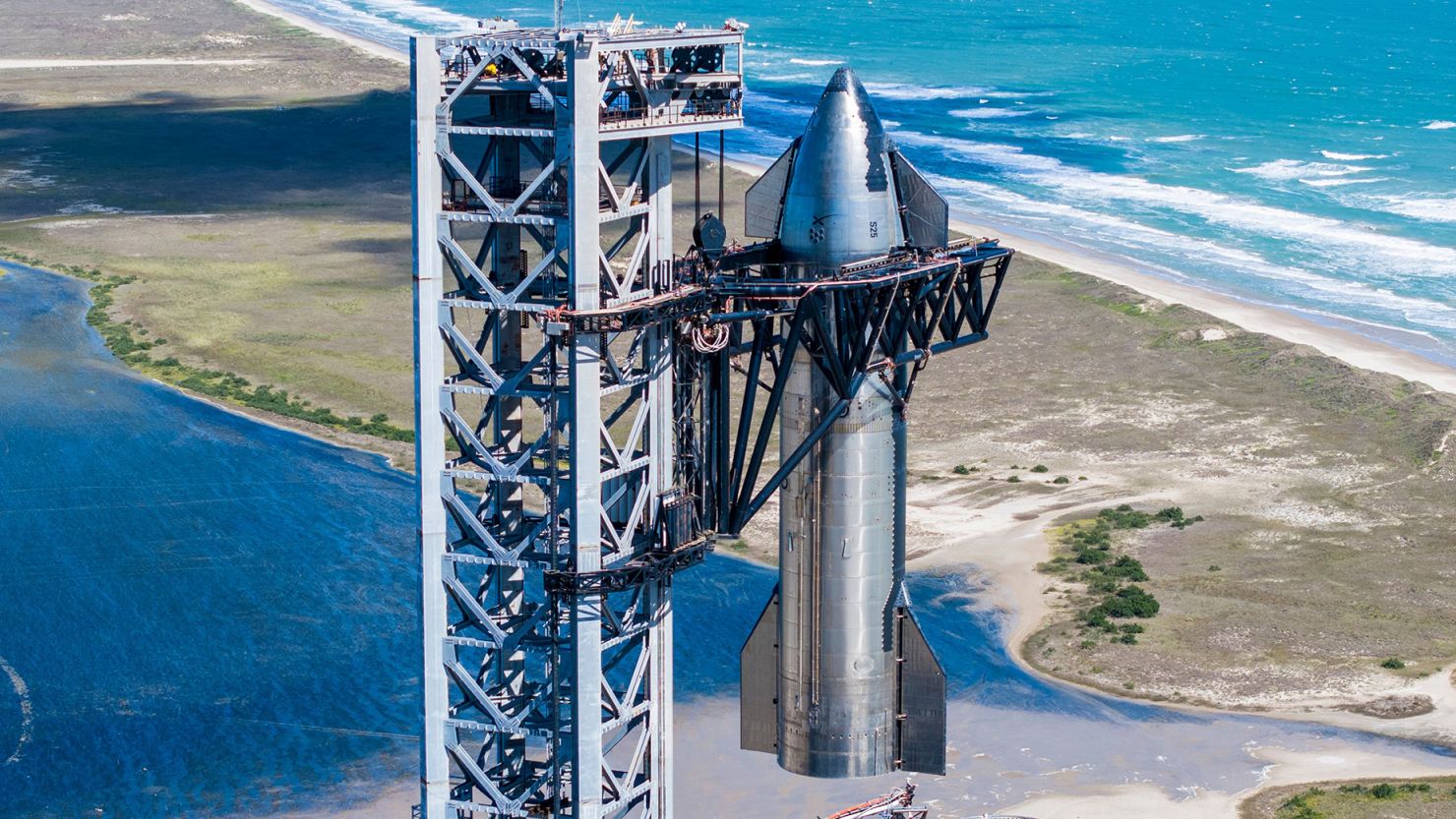 SpaceX stacks its Starship 25 vehicle prototype atop a Super Heavy booster in mid-October at Starbase in Boca Chica, Texas, as the company prepares for its second test flight.