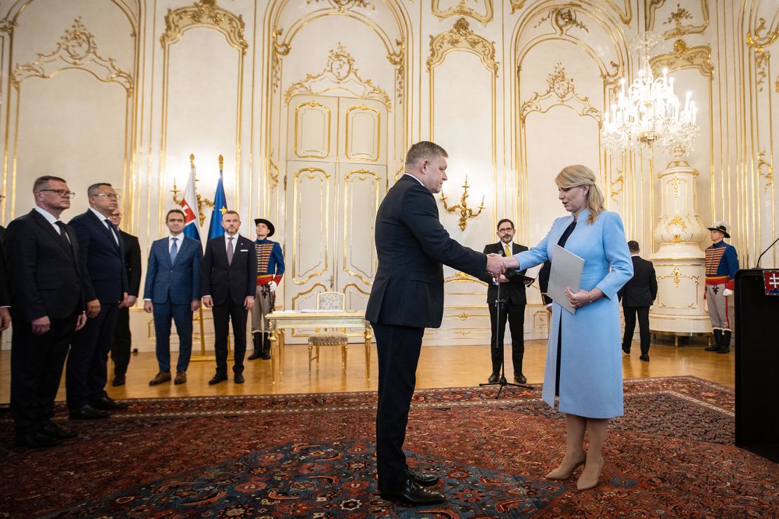 President Zuzana Caputova appoints Robert Fico the new Slovakian prime minister at the Presidential Palace in Bratislava, Slovakia, on 25 October 2023.