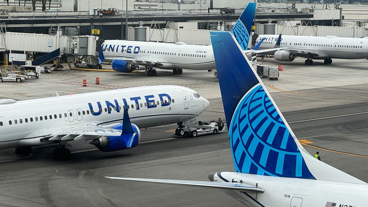 Mandatory Credit: Photo by Jakub Porzycki/NurPhoto/Shutterstock (14224006d)
United Airlines planes are seen at the LAX Airport in Los Angeles, United States on November 15, 2023.
Los Angeles Economy, United States - 15 Nov 2023